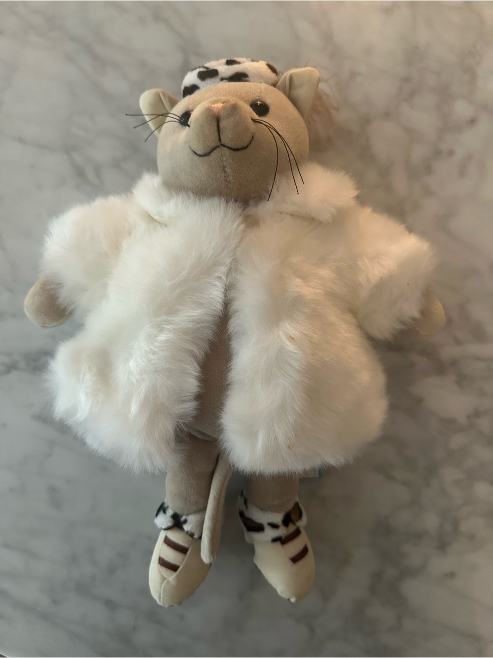 Jellycat Cat Plush, White Faux Fur Coat with Leopard Hat, Shoes DISCONTINUED